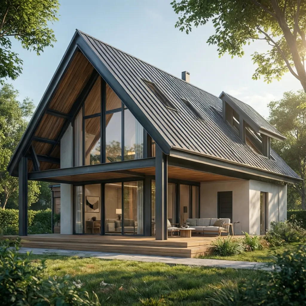 Render arquitectónico de una casa con techo metálico moderno