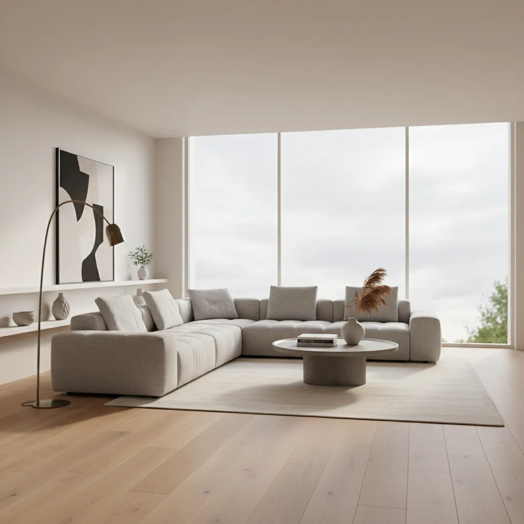 Modern living room with grey sofa wooden floor large windows floor lamp and round table