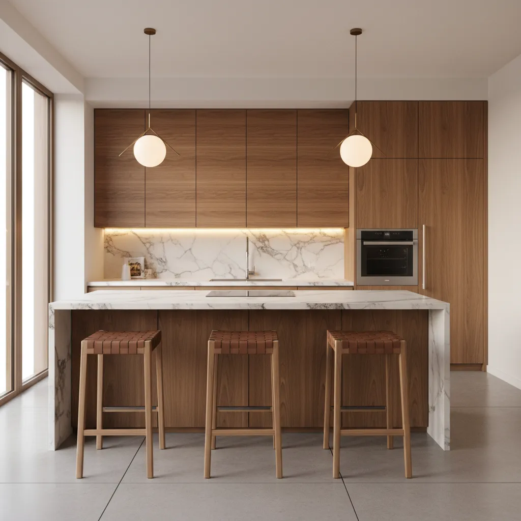 Modern kitchen with wood cabinets marble island three stools and two white hanging ceiling lights