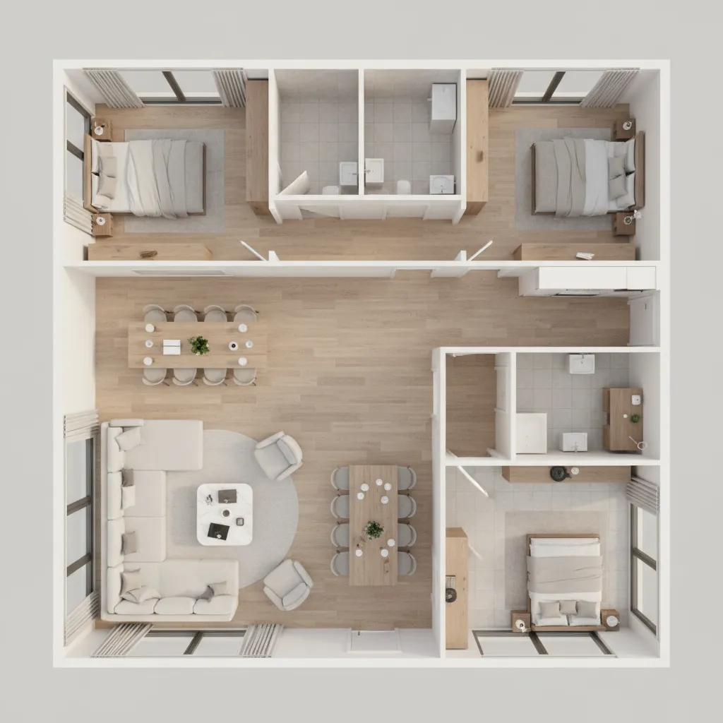 Fully rendered professional 3D floor plan showing furniture and room layout