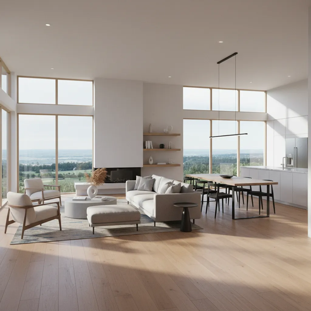 Renderizado 3D realista de interior de vivienda con iluminación natural