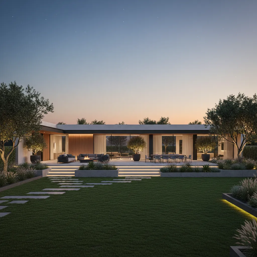 Realistic interior design drawing of a modern house at night with glass windows and lights