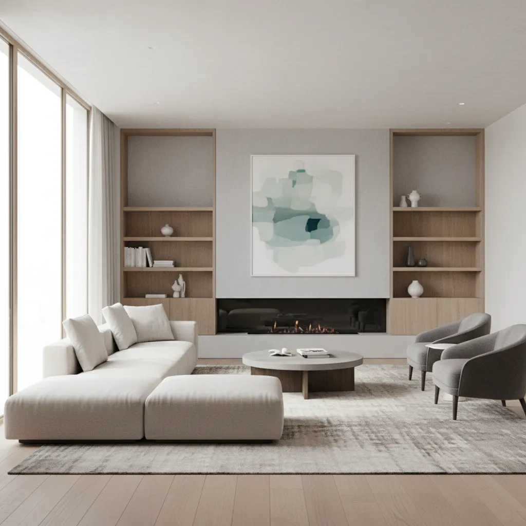 Modern living room with white sofa, grey chairs, round coffee table, fireplace and wooden shelves