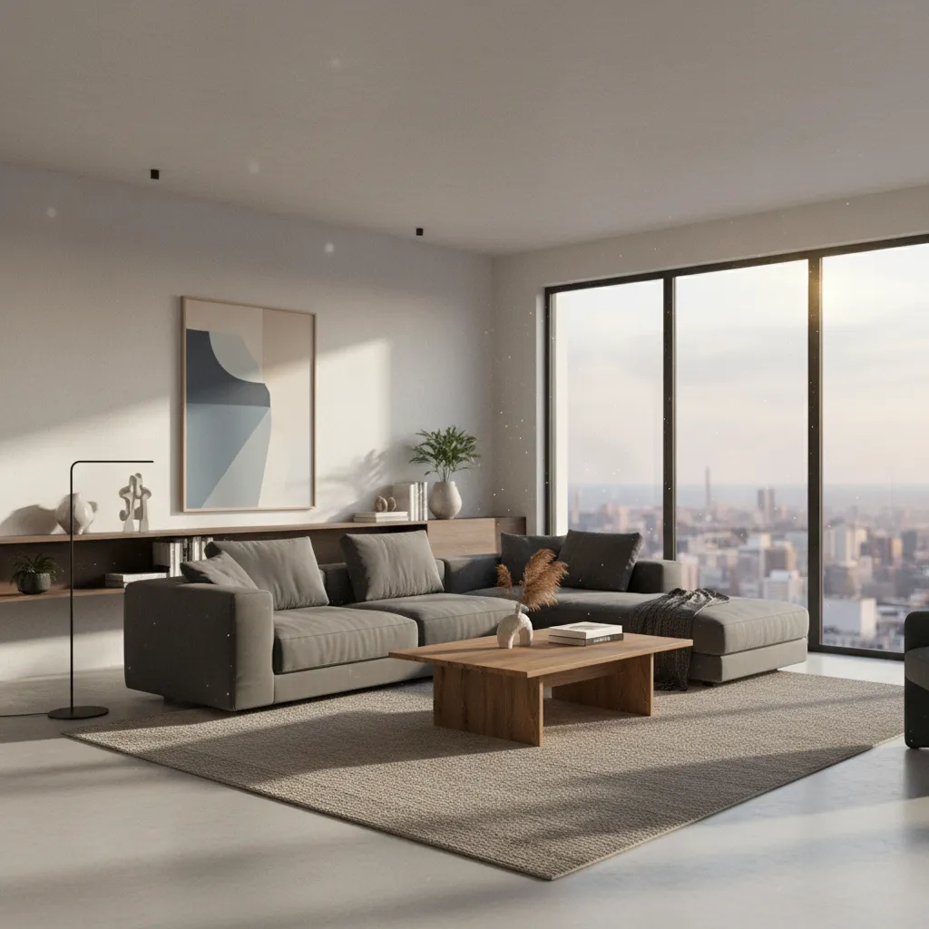 Renderizado 3D realista de una sala moderna diseñado digitalmente