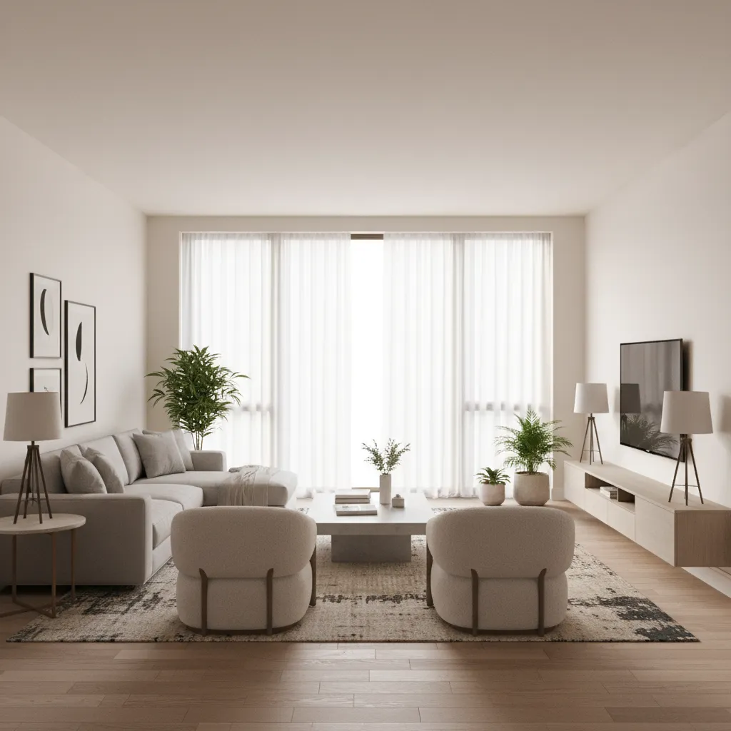 Renderizado realista de un salón moderno generado en software de diseño interior