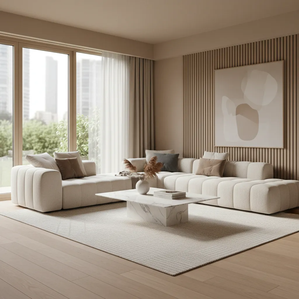Render 3D de un salón moderno generado con software de diseño