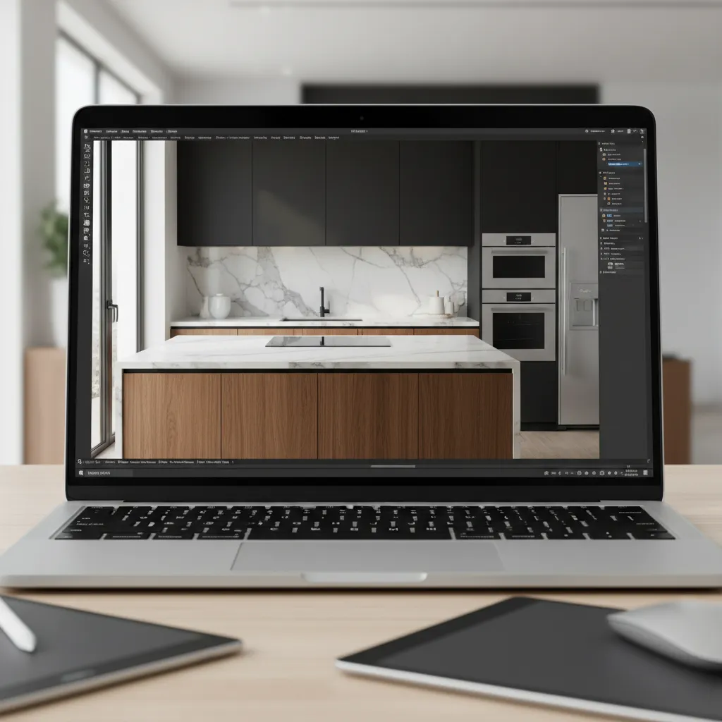Laptop screen showing modern kitchen design with marble island and wood cabinets in professional software tool