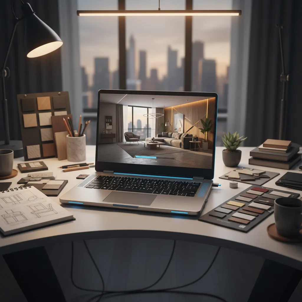 Laptop showing interior design drawing of modern living room with material samples on work desk