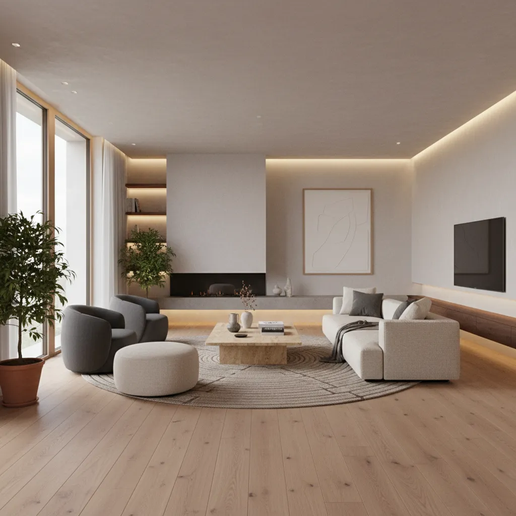 Modern minimalist living room with cream sofa grey chairs wooden floor fireplace and round rug