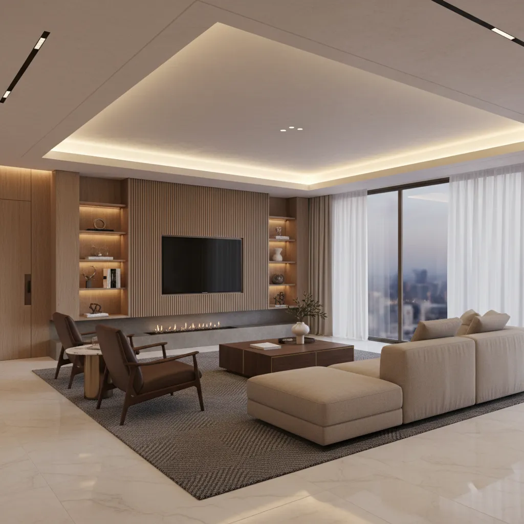 visualización profesional de interior con iluminación y materiales realistas