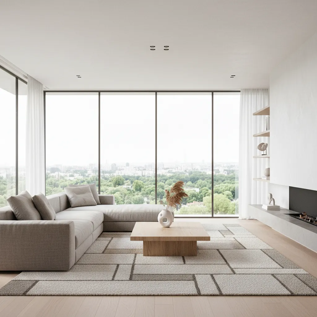 Renderizado 3D realista de un salón moderno con iluminación natural