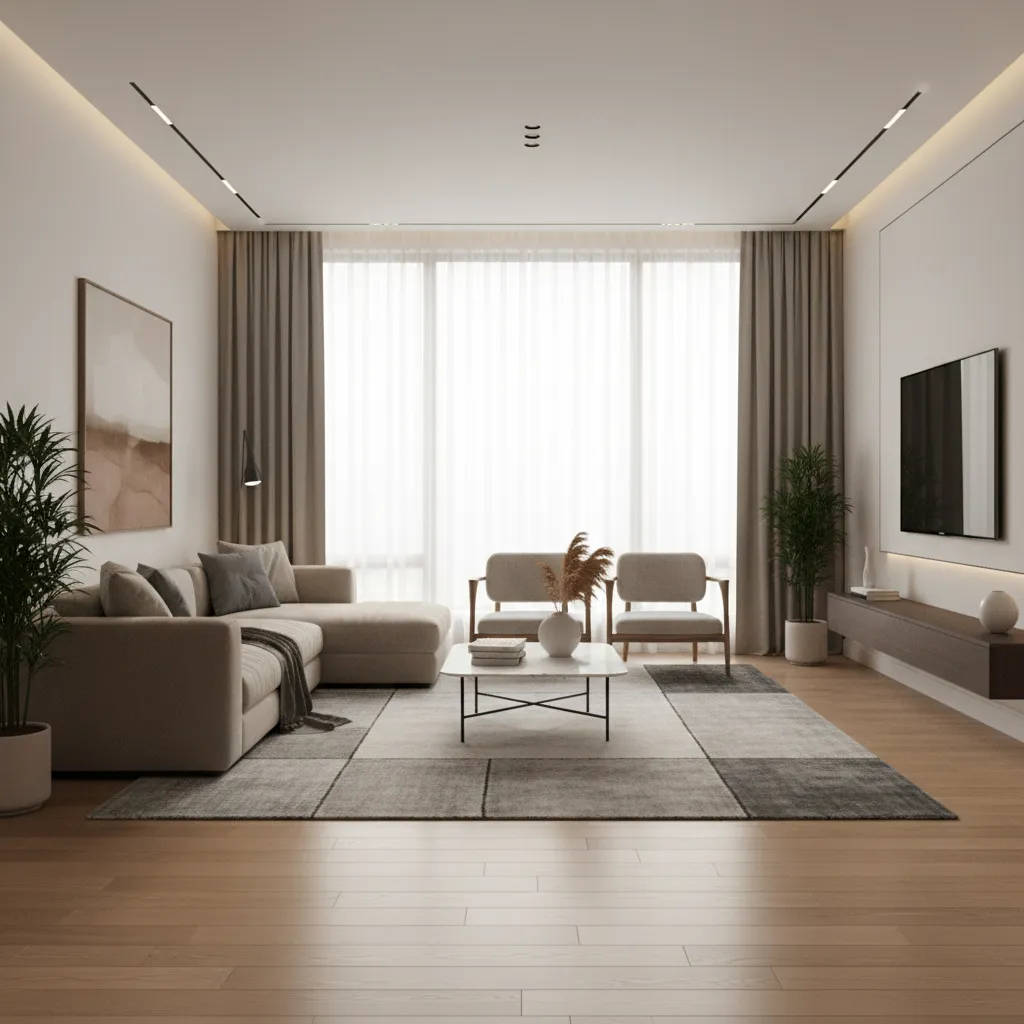 Render 3D realista de un salón moderno con iluminación natural