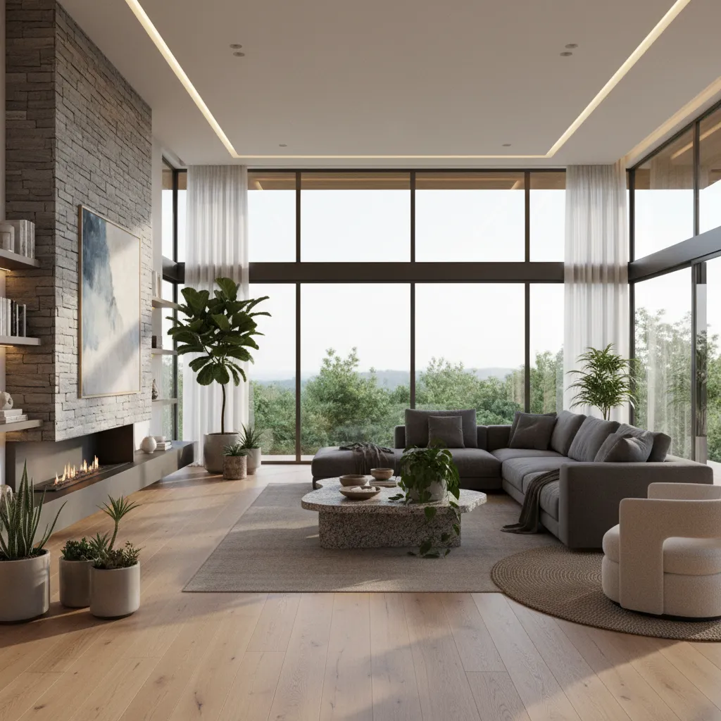 Render hiperrealista de un salón moderno con iluminación natural