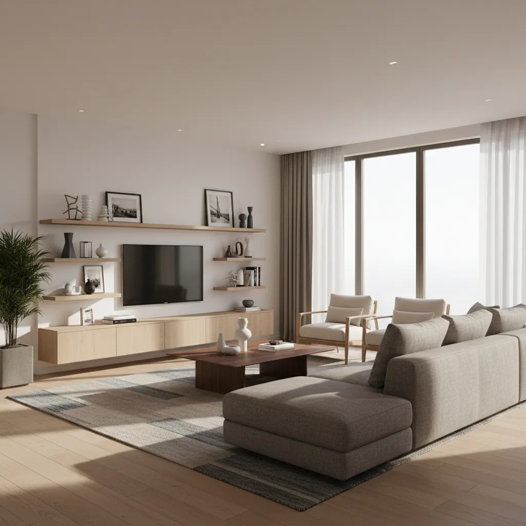 Render 3D realista de un interior de vivienda moderna