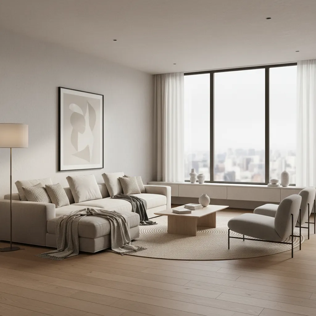 Render 3D realista de un living moderno diseñado por interioristas