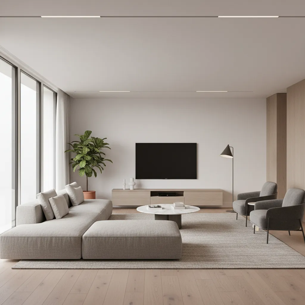 Render 3D realista de un salón moderno diseñado digitalmente