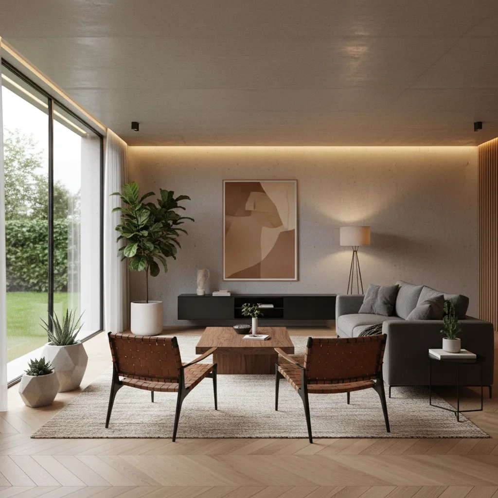Modern living room with grey sofa wooden table two brown chairs rug and large window