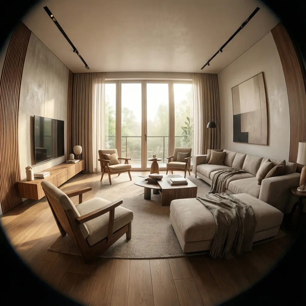 Render fotorrealista de interior de vivienda moderna con iluminación natural