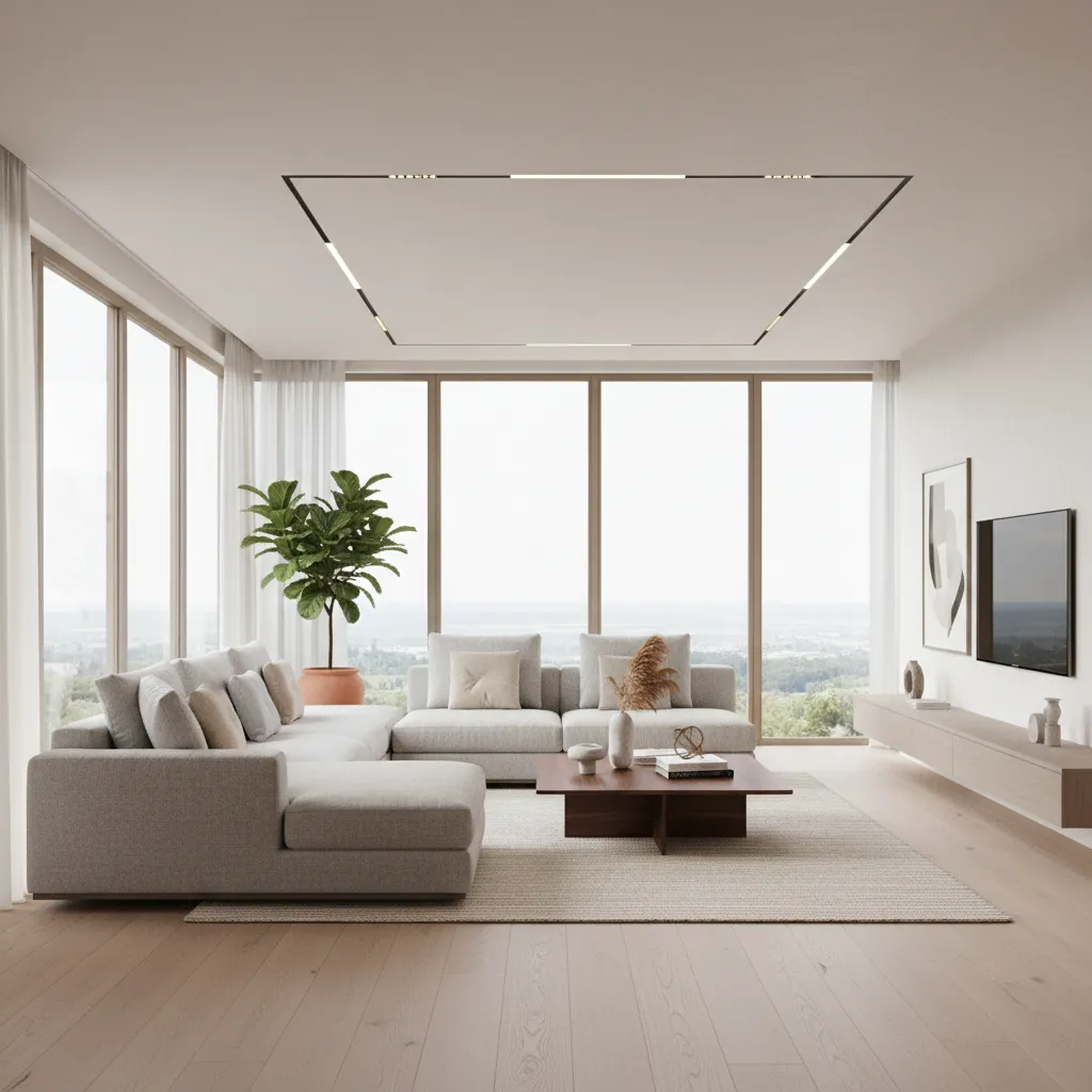 Render 3D realista de un salón moderno con iluminación natural