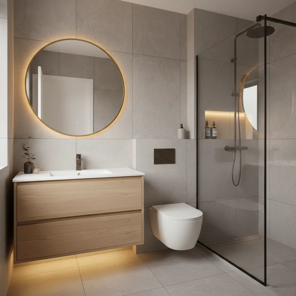 Modern bathroom with wooden cabinet round backlit mirror white toilet glass shower partition and grey walls