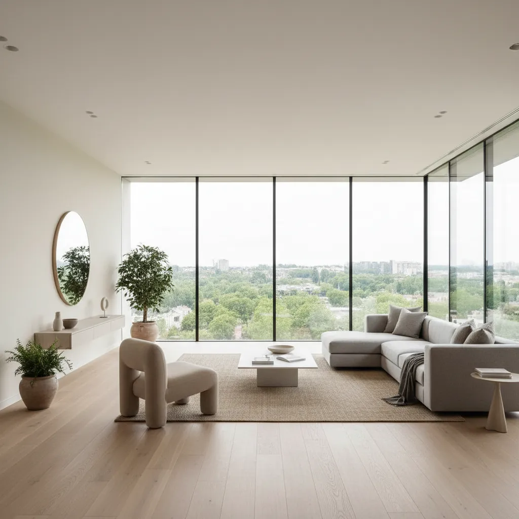 Minimalist living room with grey sofa wooden floor potted plants and large windows showing park