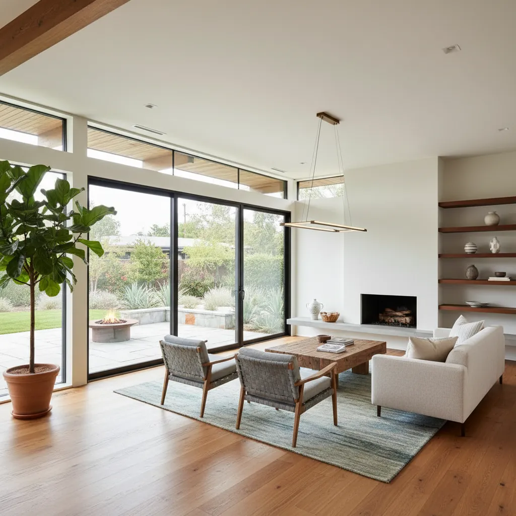 Renovación moderna de una casa estilo rancho con ventanales grandes