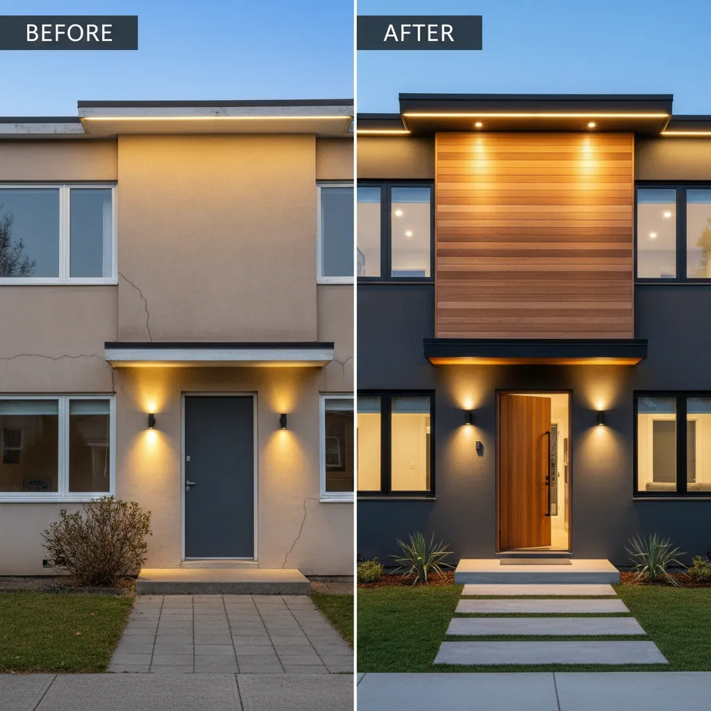 Renovación de fachada de casa con nueva iluminación y revestimiento