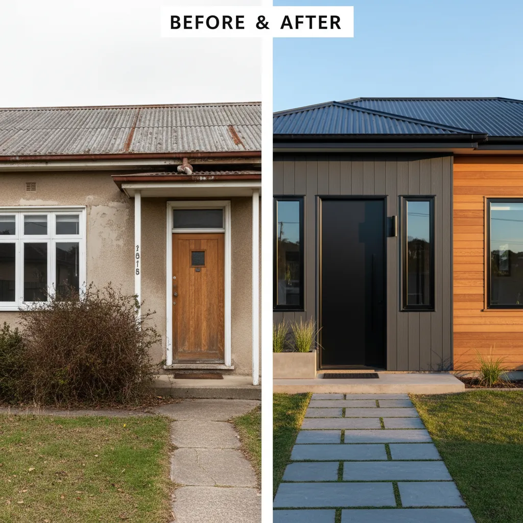Reforma de fachada residencial con nuevos materiales y puerta moderna