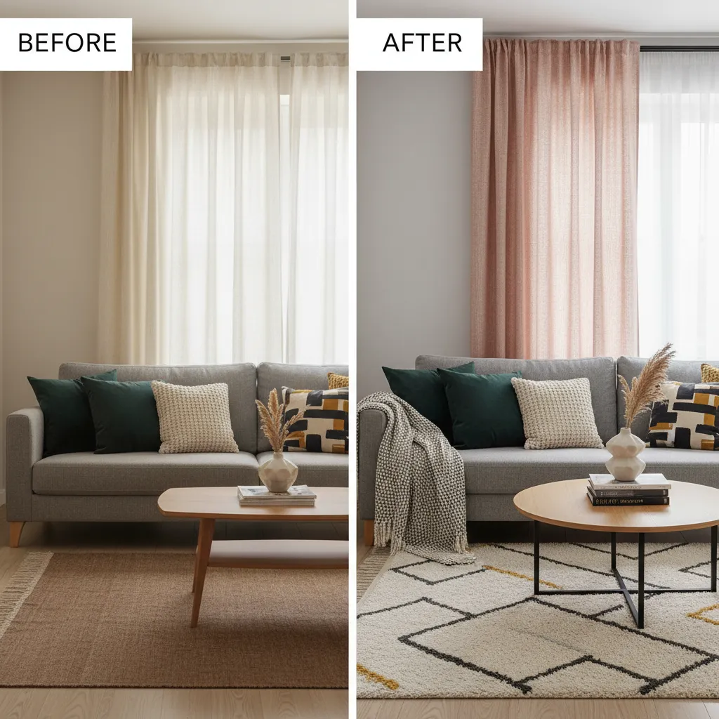 Salón moderno renovado con nuevos textiles como cortinas y cojines