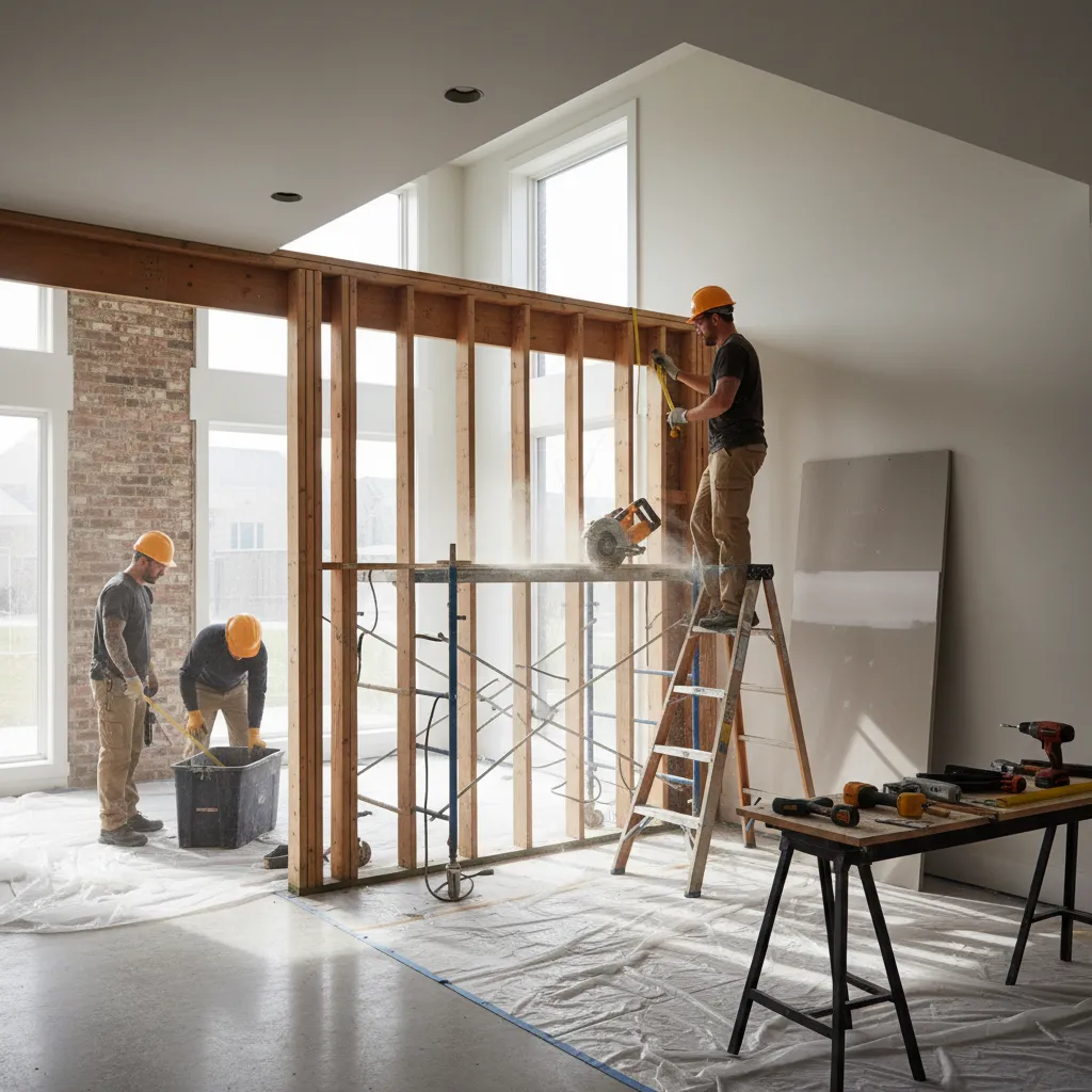 Workers building a wooden wall frame in a bright room with large windows and tools