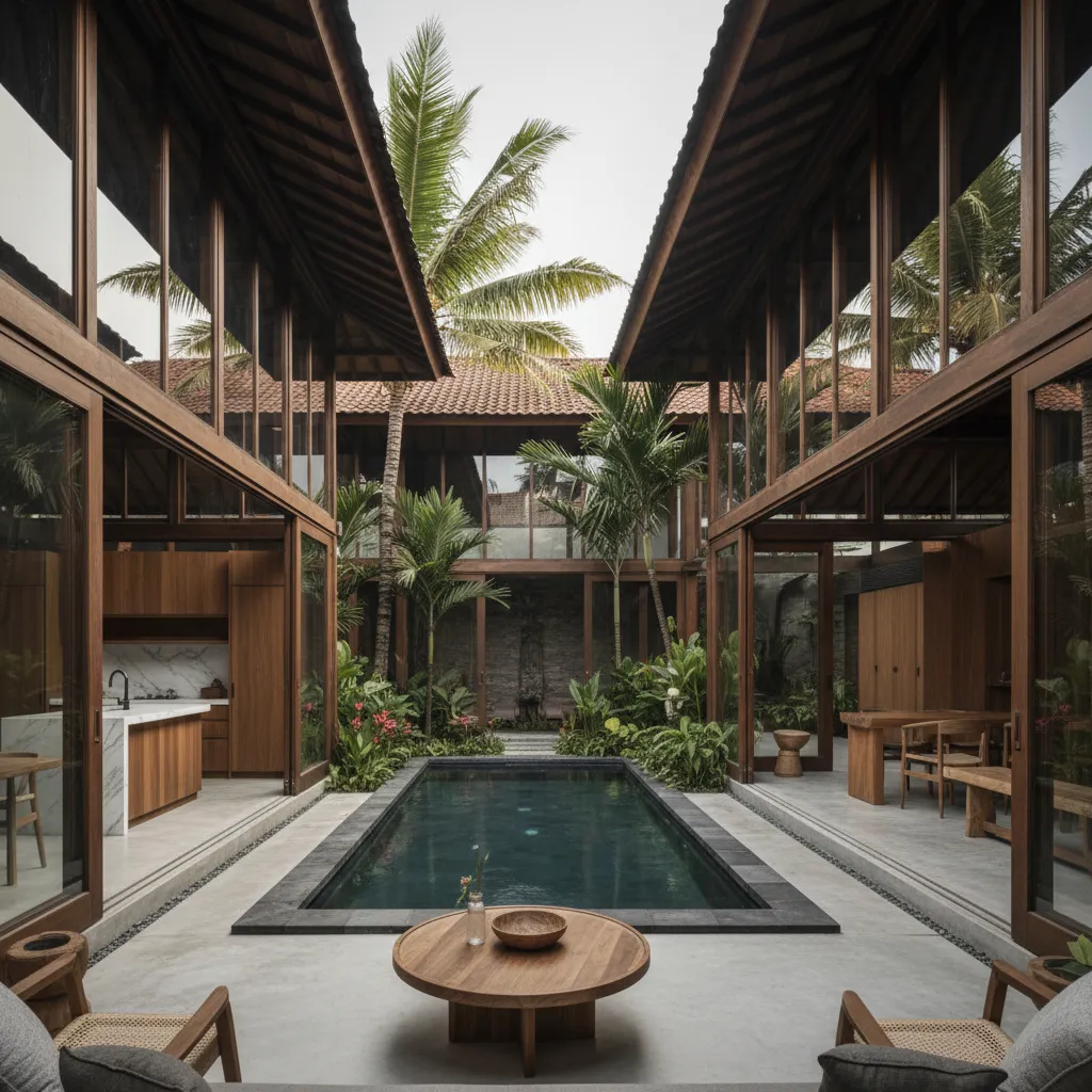 Modern home with a central swimming pool courtyard palm trees and large glass windows design