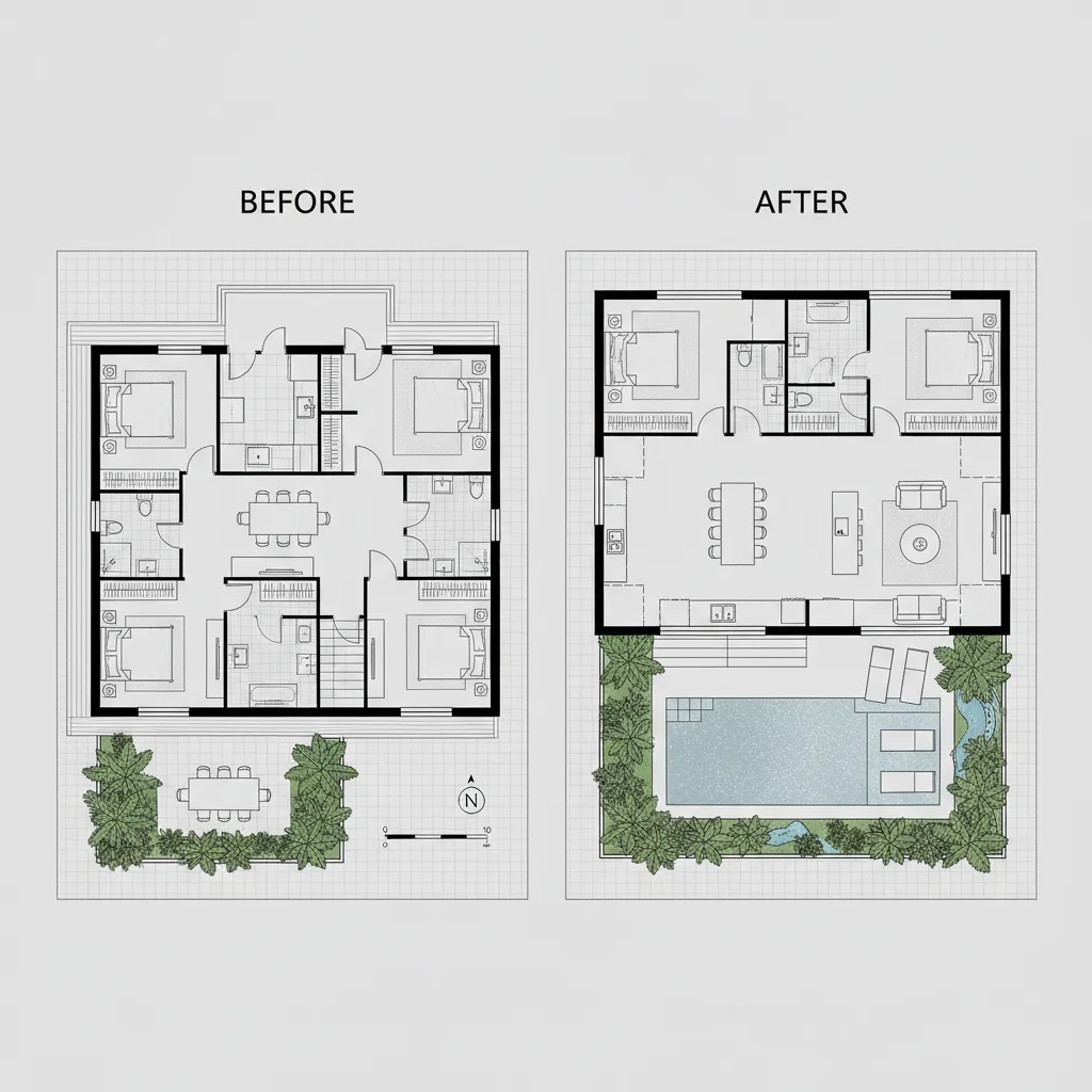 Perbandingan denah rumah lama sebelum dan sesudah renovasi