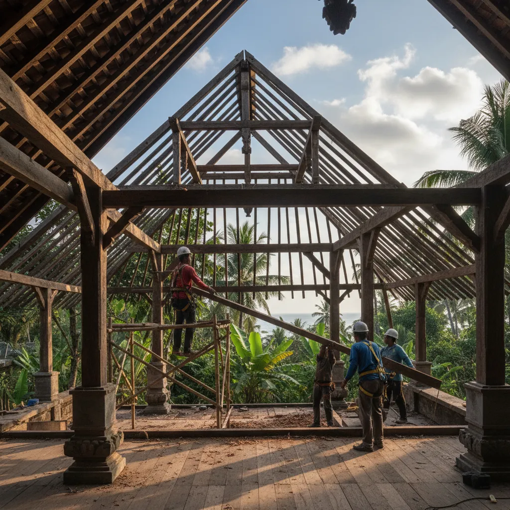 Proses renovasi rumah limasan dengan struktur atap terlihat