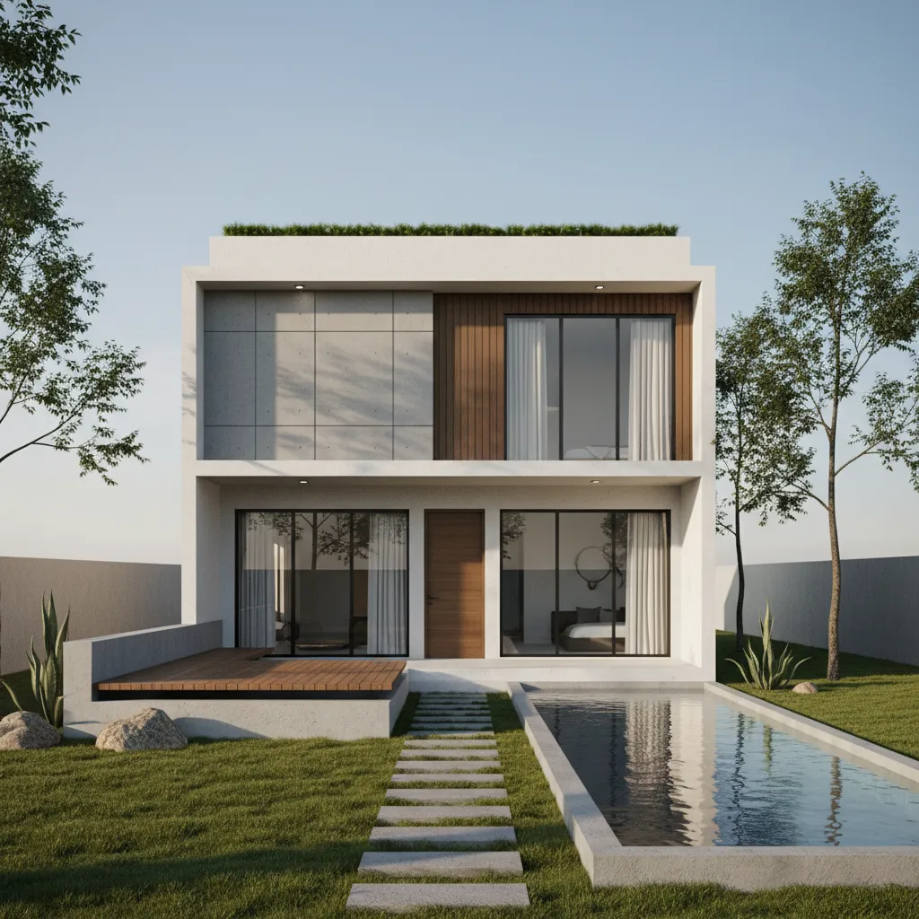 Modern house with large glass windows, a swimming pool, wooden deck, and a stone path