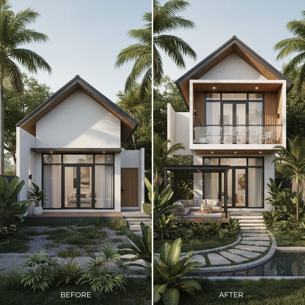 Before and after comparison showing a house renovated from one level into two levels total