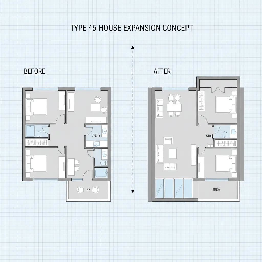 Before and after comparison of a house floor plan layout showing an expanded home design
