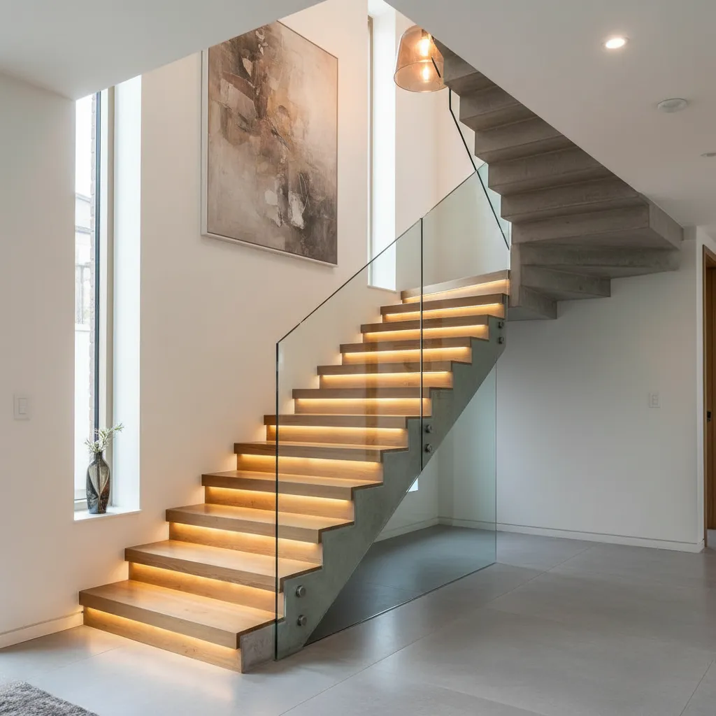 Modern wooden stairs with glass railing led lights wall art and small glass ceiling light