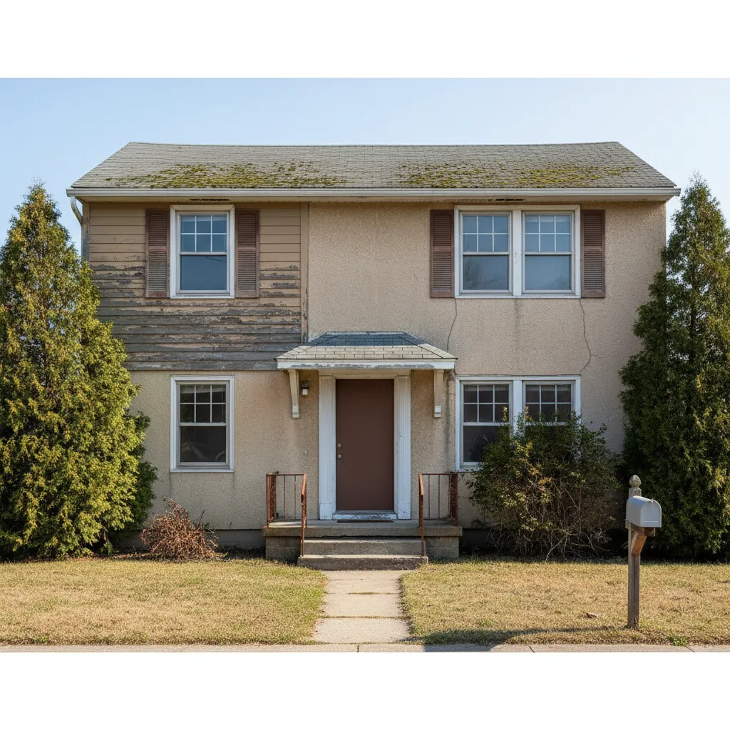Old two story house with peeling beige paint brown window shutters and moss on roof