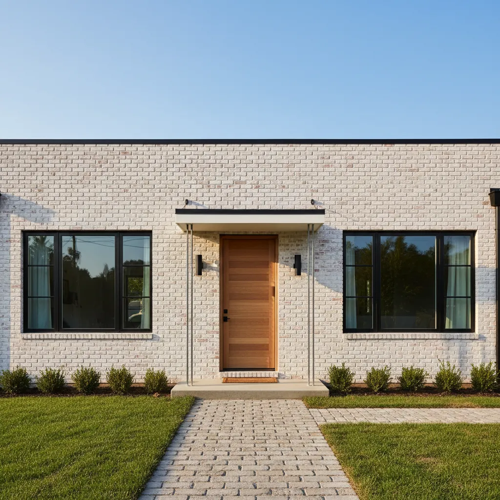 Renovated brick house exterior after limewash repainting