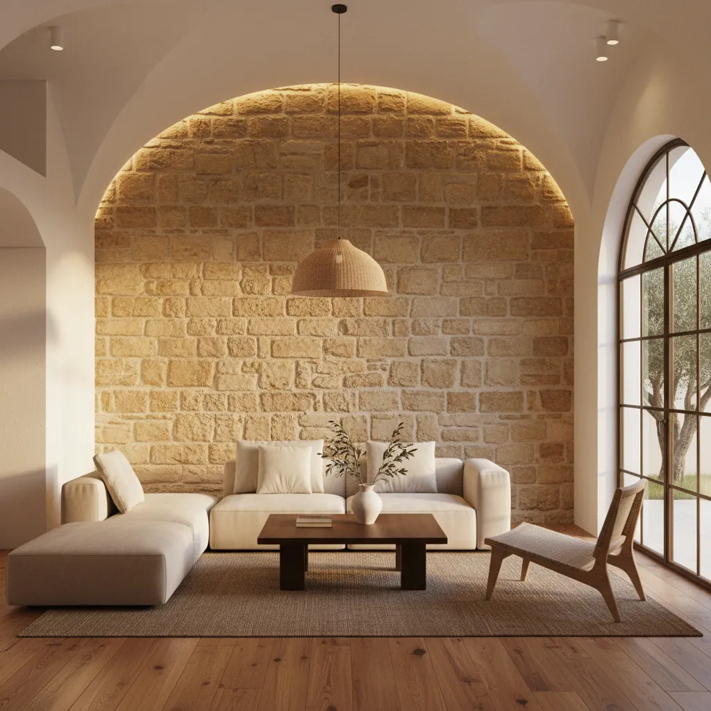 Interior reformado con muro de piedra expuesto en vivienda histórica