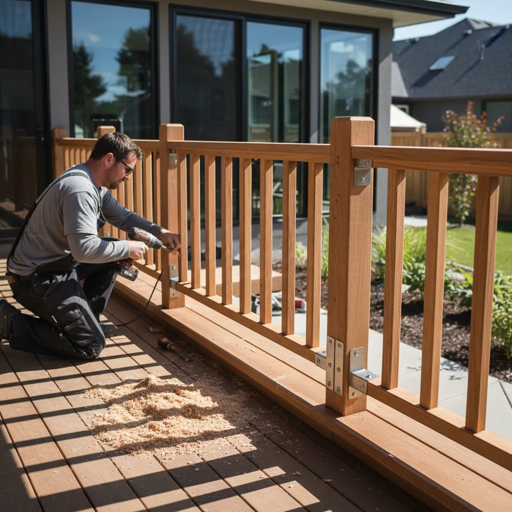 homeowner upgrading old exterior decorative railing with new hardware