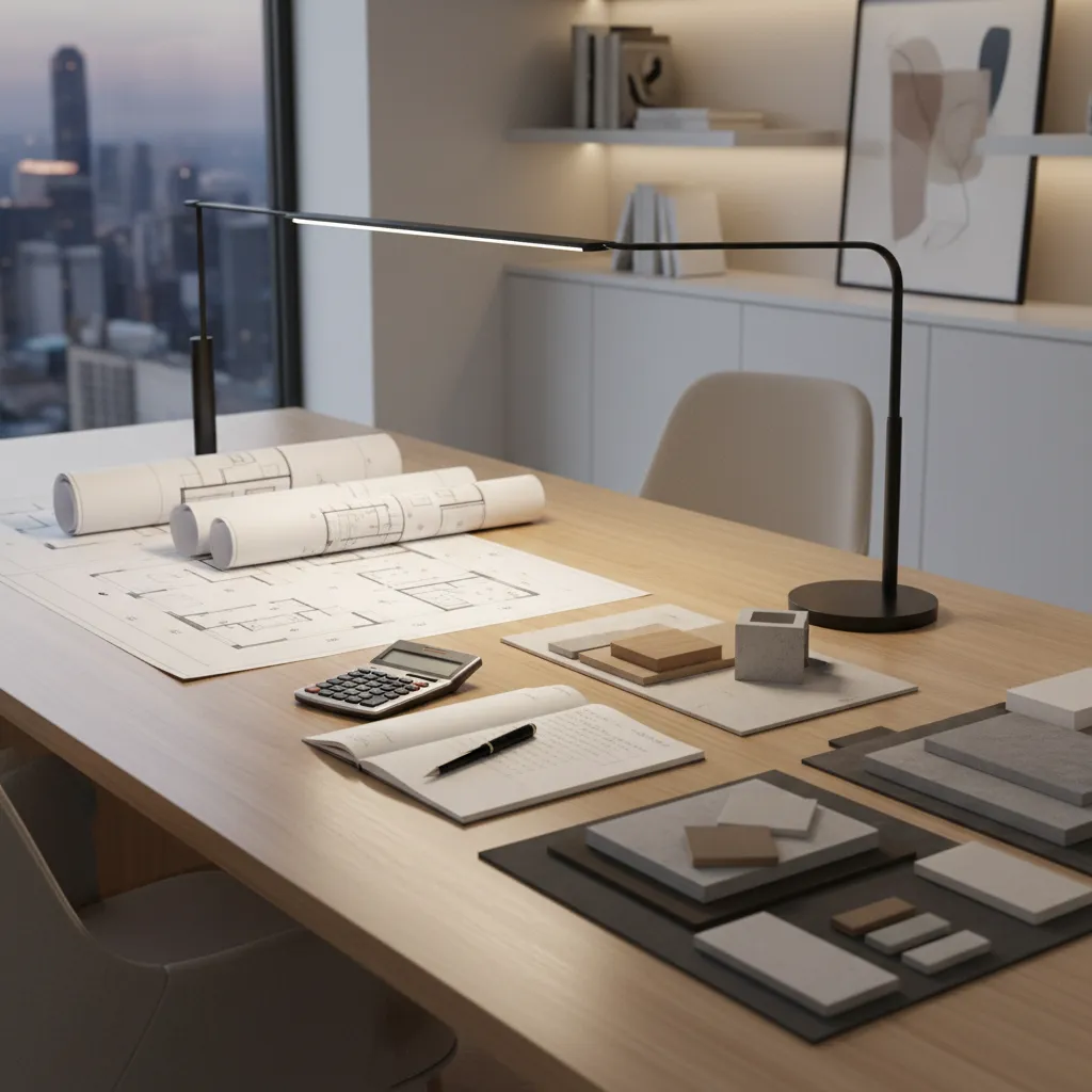 renovation budget worksheet with calculator and architectural plans showing contingency planning