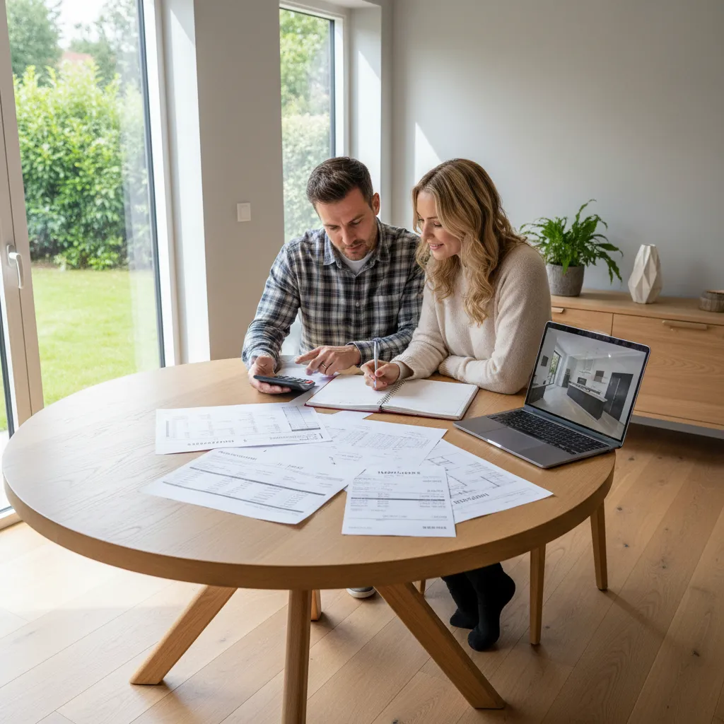 homeowners discussing renovation budget with calculator and documents