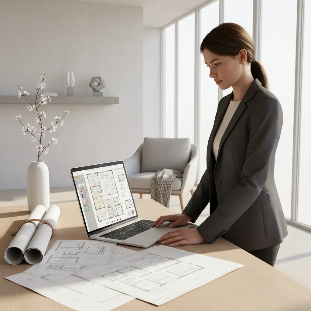 Interior designer reviewing digital floor plan layout for renovation planning