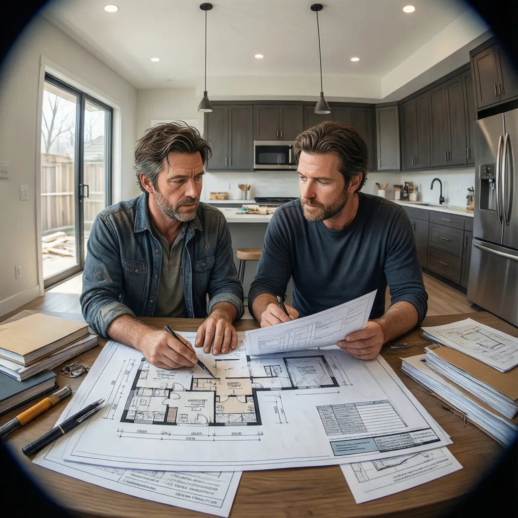 contractor reviewing renovation budget estimate and house plans