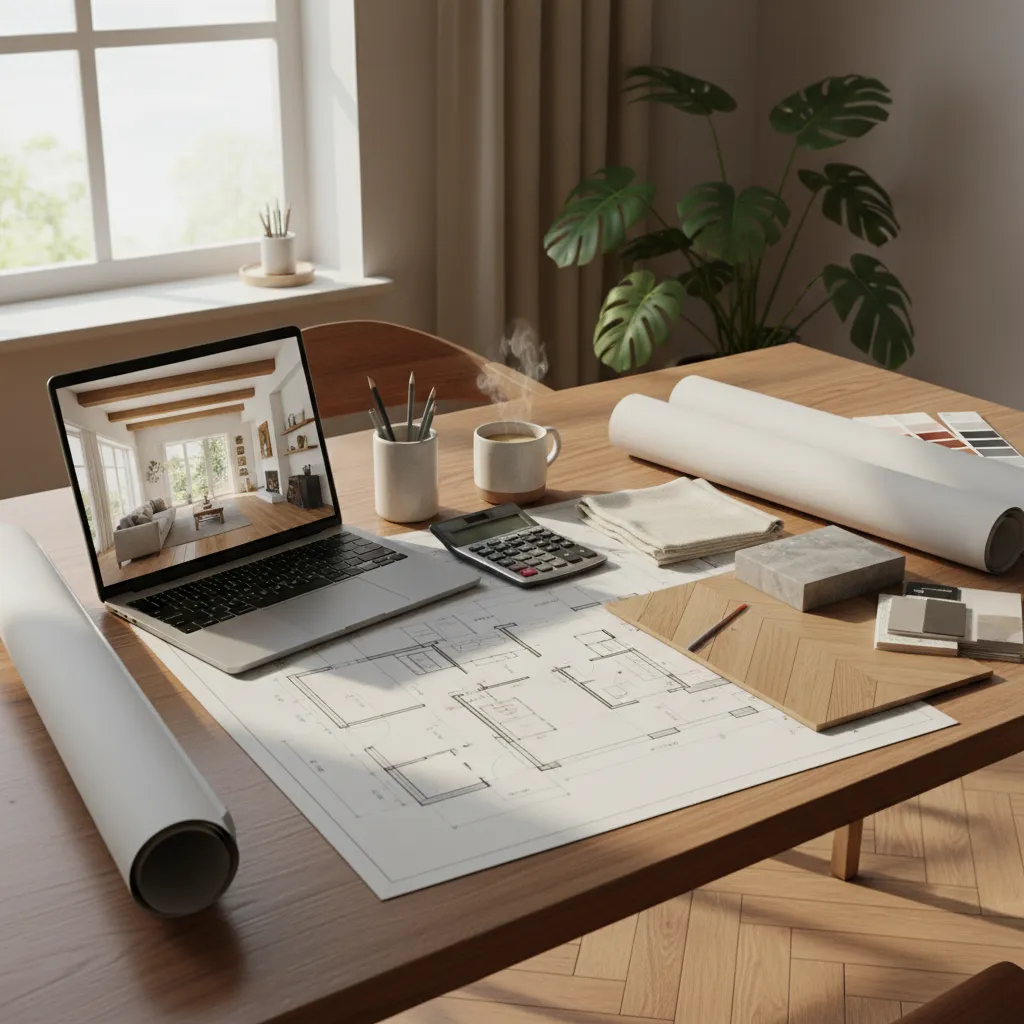 home renovation planning desk with blueprints laptop and budget notes
