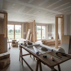 Interior renovation site with wooden workbench holding house plans and tools inside unfinished bright room.