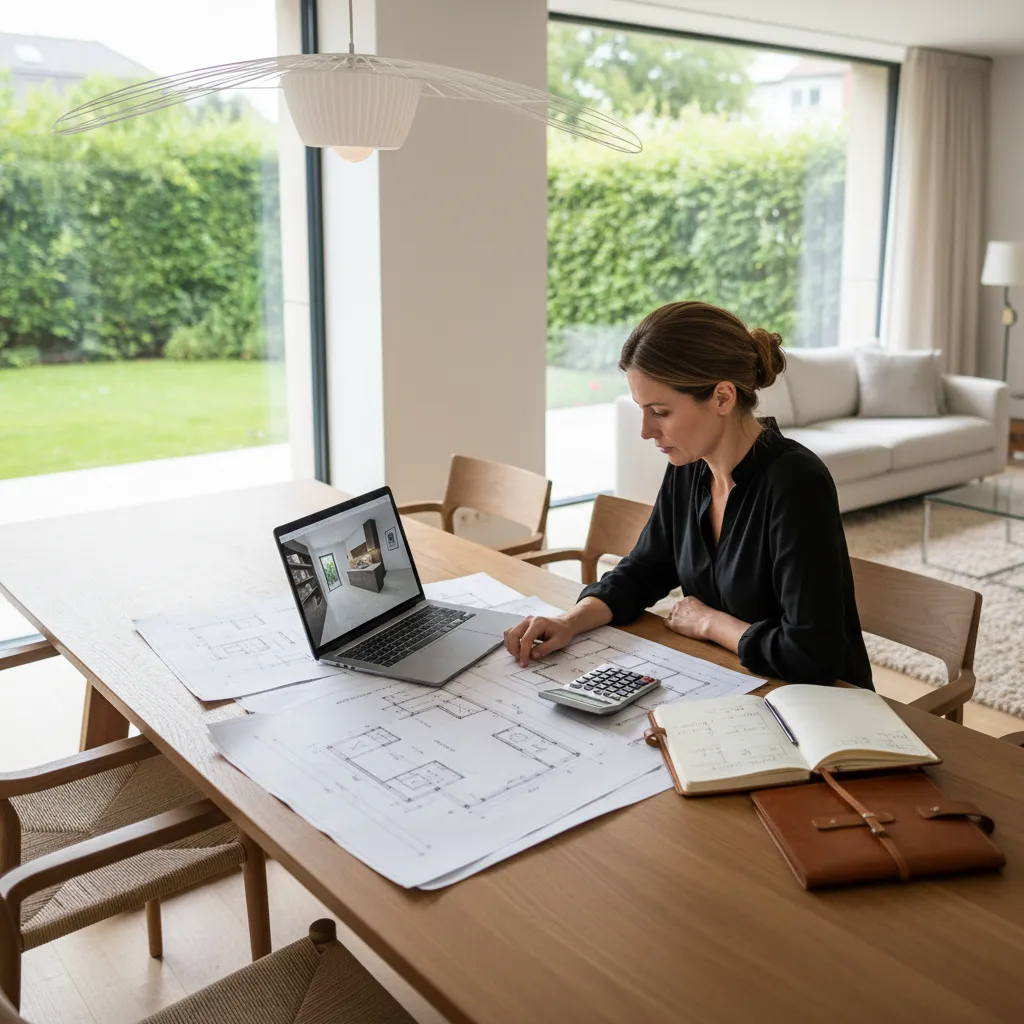 homeowner planning renovation budget with floor plans and calculator