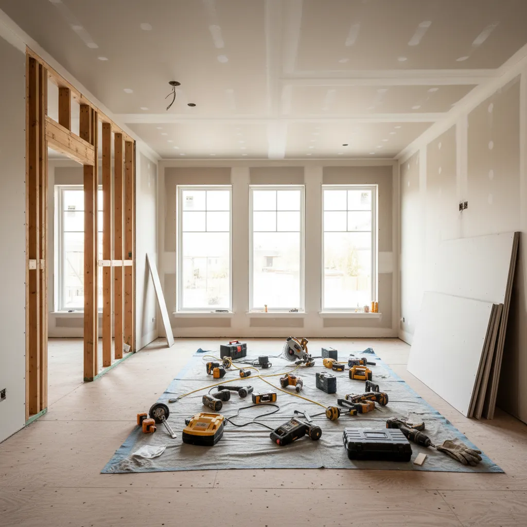 home renovation construction interior showing framing and remodeling work
