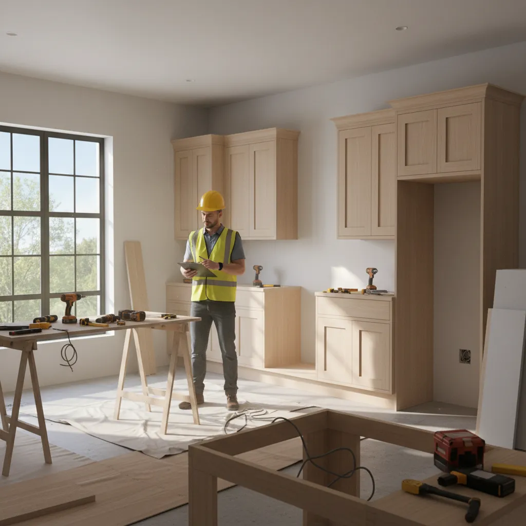 Home renovation construction progress with inspector checking interior work